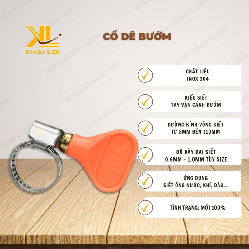 Thông số kỹ thuật cổ dê bướm inox 304 của vật tư công nghiệp Khải Lợi.