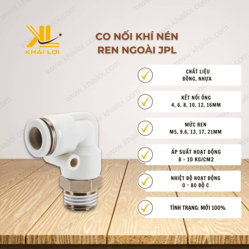 Thông số kỹ thuật Co Nối Khí Nén Ren Ngoài JPL của Vật tư công nghiệp Khải Lợi.