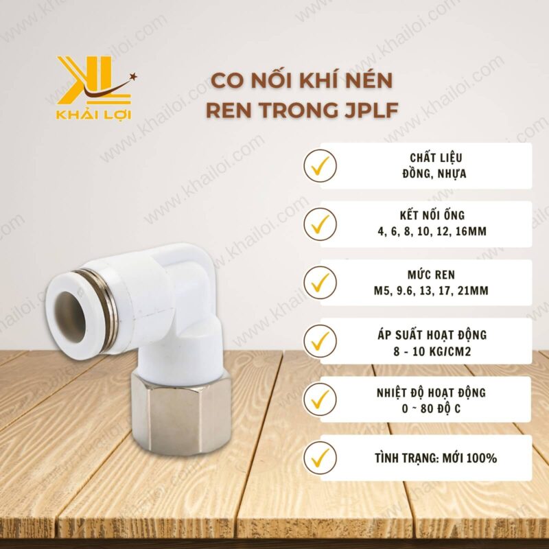 Thông số kỹ thuật "Co nối khí nén ren trong JPLF" của Vật tư công nghiệp Khải Lợi.