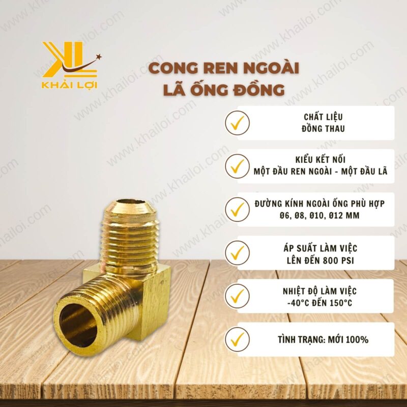 Thông số kỹ thuật Cong Ren Ngoài Lã Ống Đồng của vật tư công nghiệp Khải Lợi.