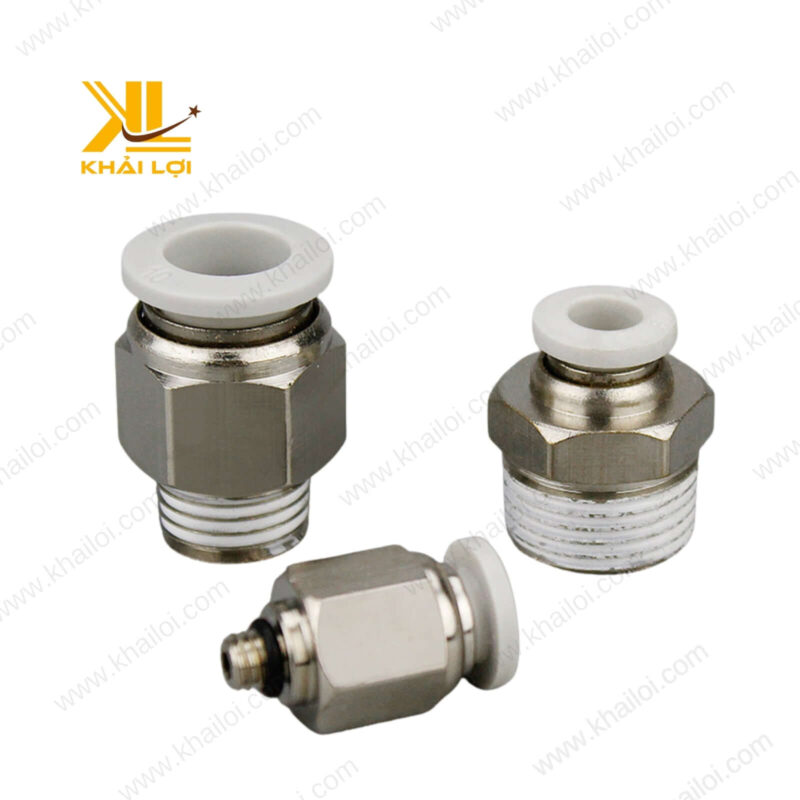 Hình ảnh so sánh các loại đầu nối thẳng khí nén JPC với nhiều kích thước khác nhau.