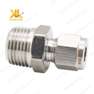 Đầu nối ren ngoài siết hạt bắp inox IHBC của Vật tư công nghiệp Khải Lợi nhìn nghiêng sắc nét.