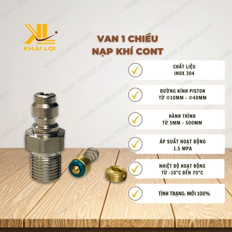 Thông số kỹ thuật "Van 1 Chiều Nạp Khí Cont" của vật tư công nghiệp Khải Lợi
