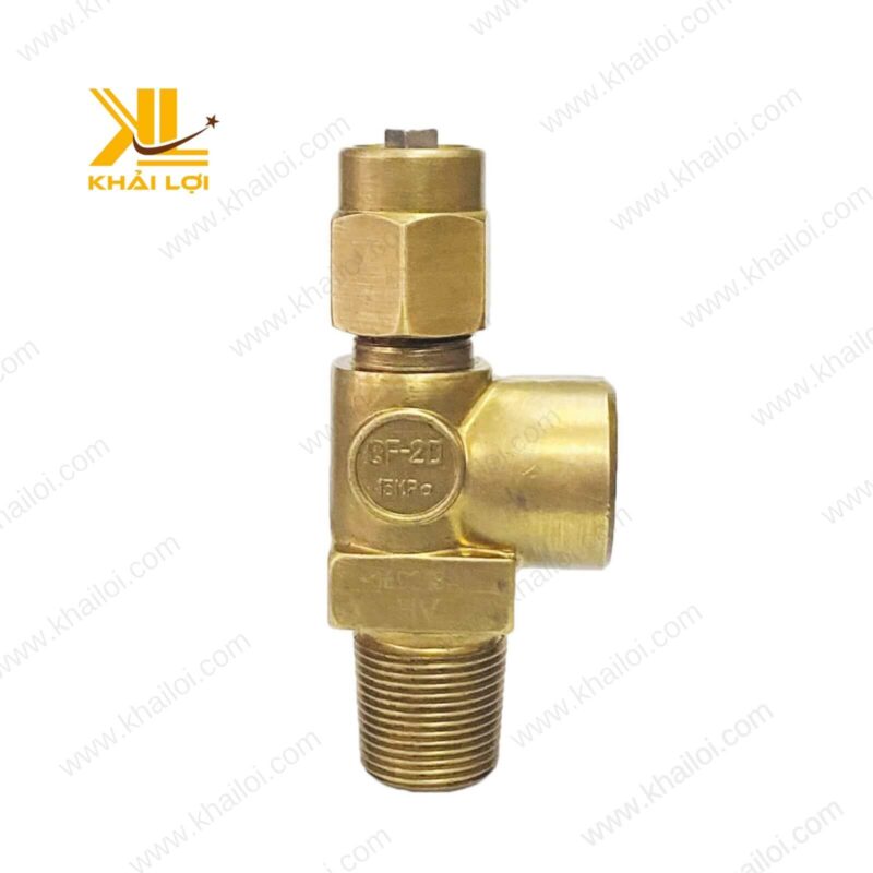 Cận cảnh van đầu chai OXY QF2D với thiết kế ren trong 23mm, chịu nhiệt độ từ -20 đến 120°C.