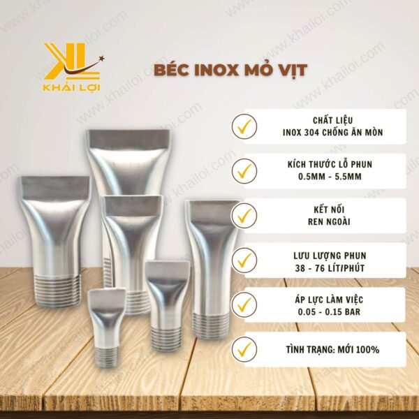 Thông số kỹ thuật Béc inox mỏ vịt của vật tư công nghiệp Khải Lợi.