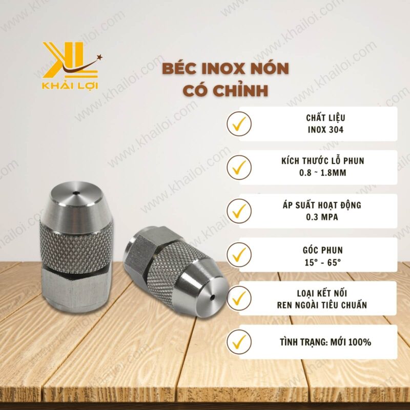 Thông số kỹ thuật béc inox chỉnh góc phun của Vật tư công nghiệp Khải Lợi.