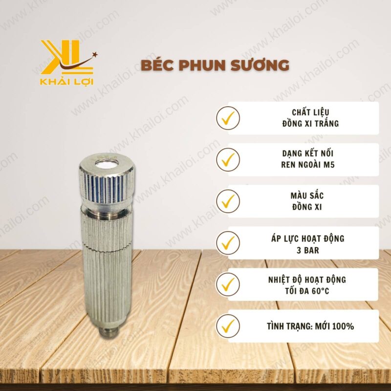 Thông số kỹ thuật béc phun sương của vật tư công nghiệp Khải Lợi.