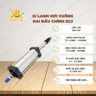 Thông số kỹ thuật xi lanh hơi vuông hai đầu chỉnh SCJ của vật tư công nghiệp Khải Lợi.