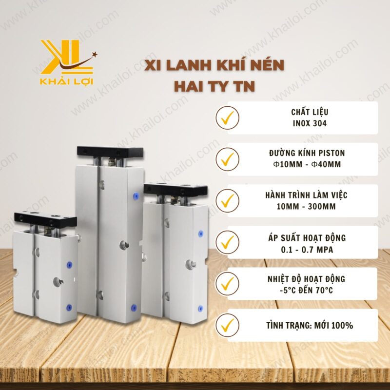 Thông số kỹ thuật Xi lanh khí nén 2 ty TN của vật tư công nghiệp Khải Lợi.