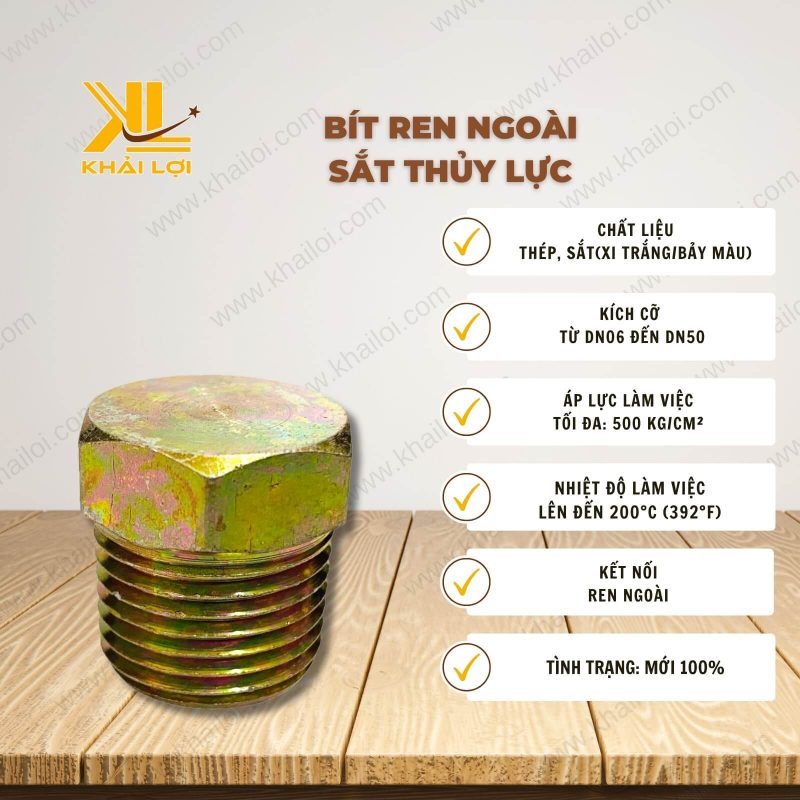 Thông số kỹ thuật Bít Ren Ngoài Sắt Thủy Lực của Vật Tư Công Nghiệp Khải Lợi.