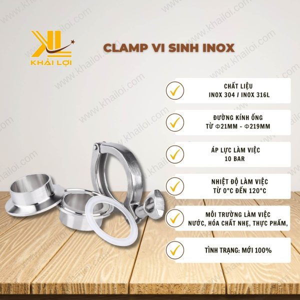 Thông số kỹ thuật clamp vi sinh inox của vật tư công nghiệp Khải Lợi.