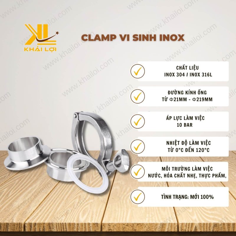Thông số kỹ thuật clamp vi sinh inox của vật tư công nghiệp Khải Lợi.