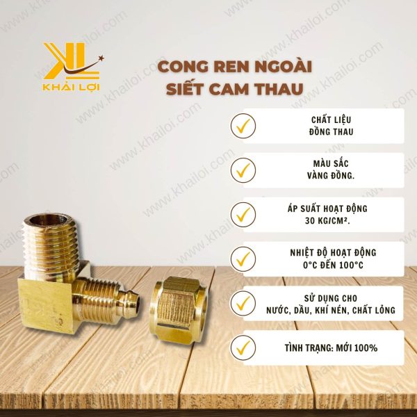 Thông số kỹ thuật Cong Ren Ngoài Siết Cam Thau của Vật Tư Công Nghiệp Khải Lợi.