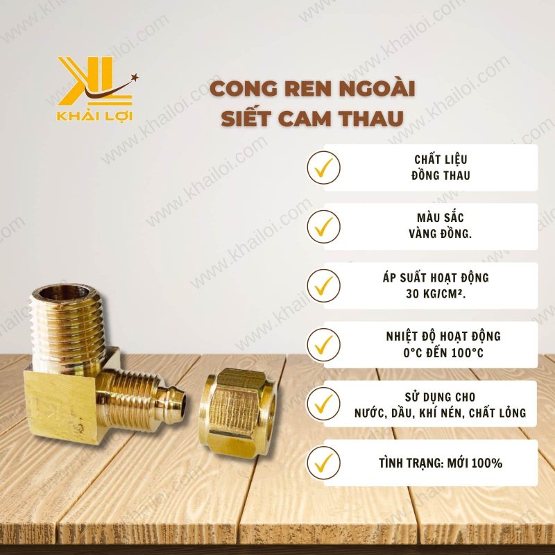 Thông số kỹ thuật Cong Ren Ngoài Siết Cam Thau của Vật Tư Công Nghiệp Khải Lợi.