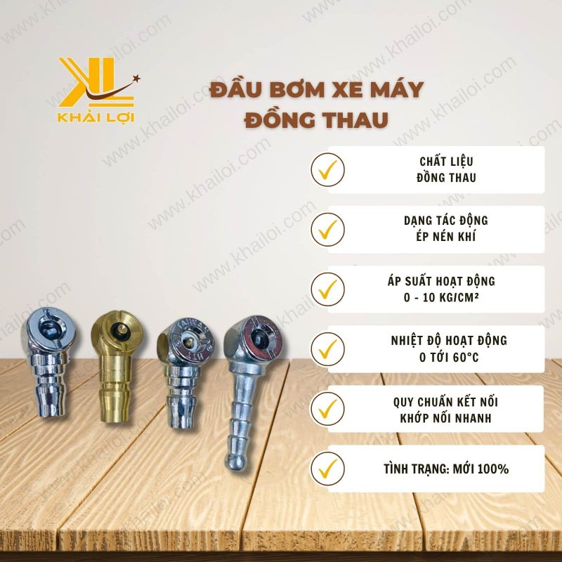 Thông số kỹ thuật Đầu Bơm Xe Máy Đồng Thau của Vật Tư Công Nghiệp Khải Lợi.