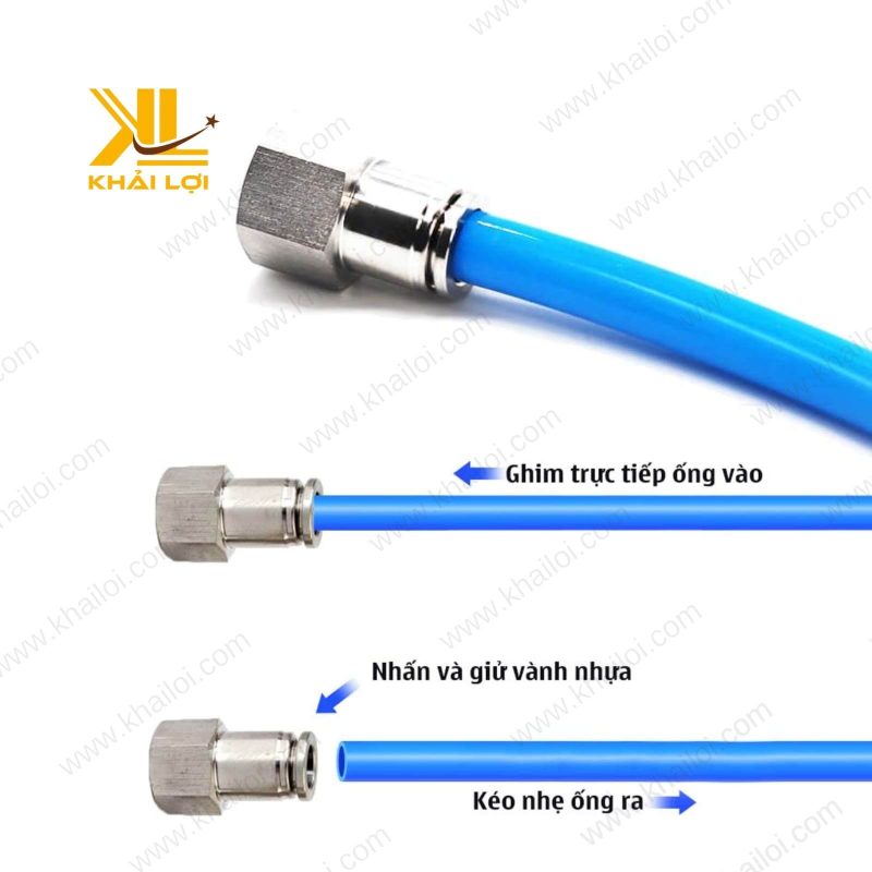 Nối Khí Nén INOX IPCF với ống PU, kết nối chắc chắn.