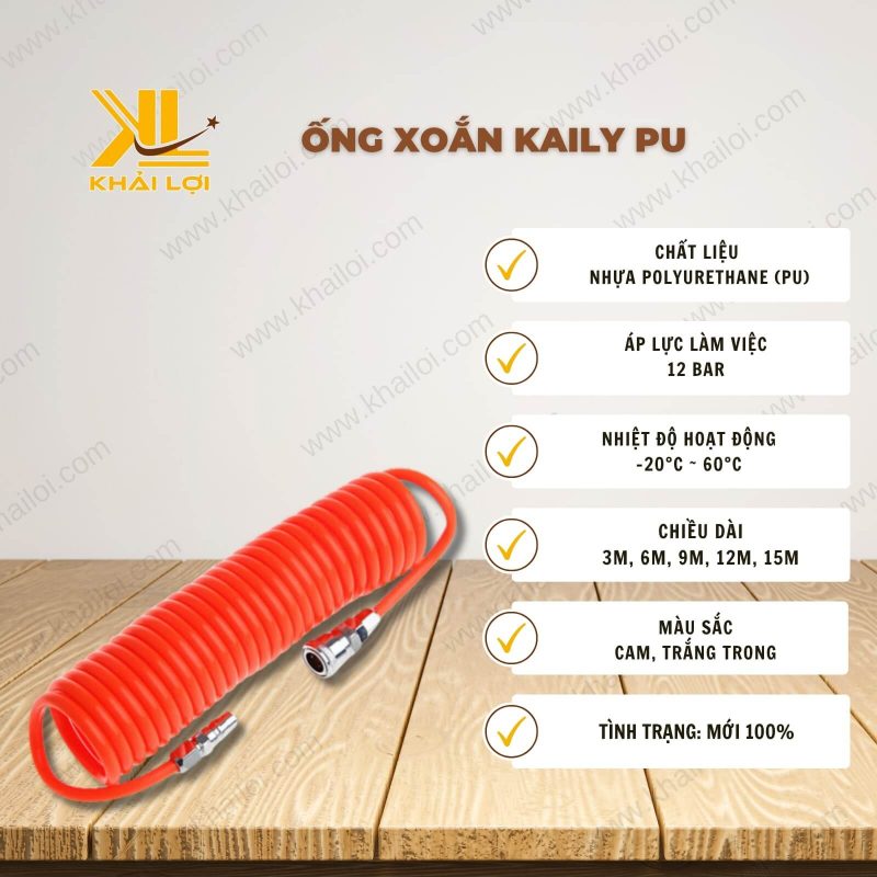 Thông số kỹ thuật ống xoắn KAILY PU của Vật tư Công Nghiệp Khải Lợi.