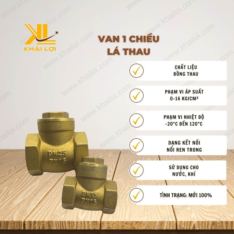 Thông số kỹ thuật Van 1 Chiều Lá Thau của Vật Tư Công Nghiệp Khải Lợi.