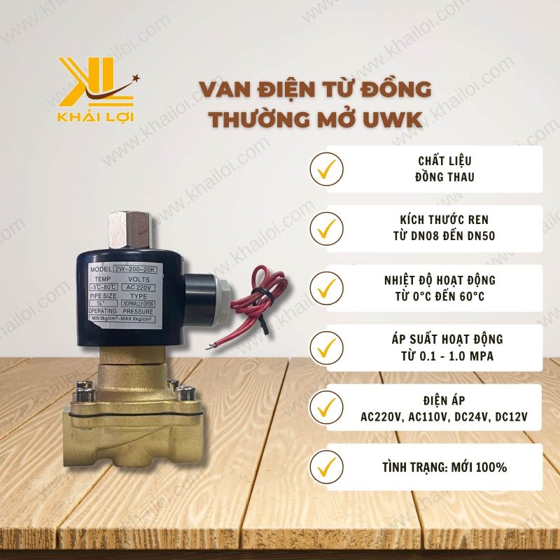 Thông số kỹ thuật Van Điện Từ Đồng Thường Mở UWK của Vật Tư Công Nghiệp Khải Lợi.
