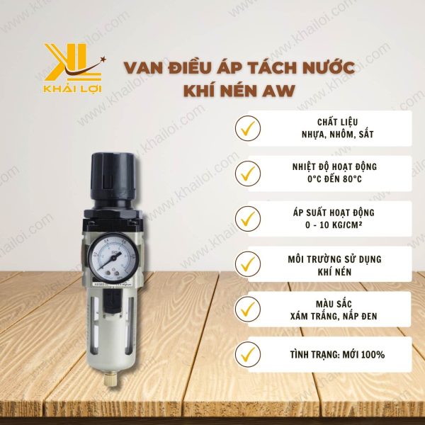 Thông số kỹ thuật Van Điều Áp Tách Nước Khí Nén AW của Vật Tư Công Nghiệp Khải Lợi.