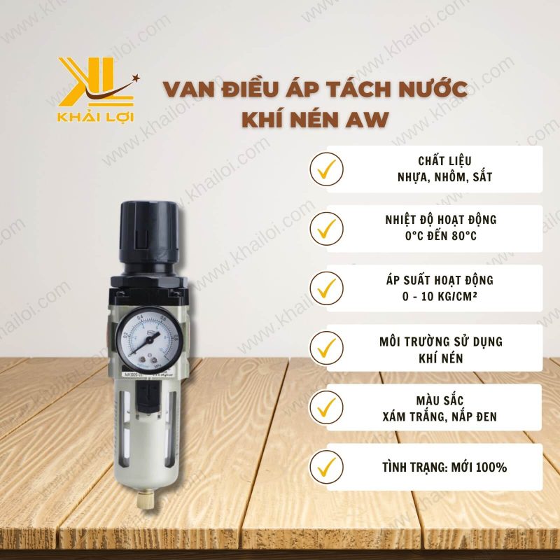 Thông số kỹ thuật Van Điều Áp Tách Nước Khí Nén AW của Vật Tư Công Nghiệp Khải Lợi.