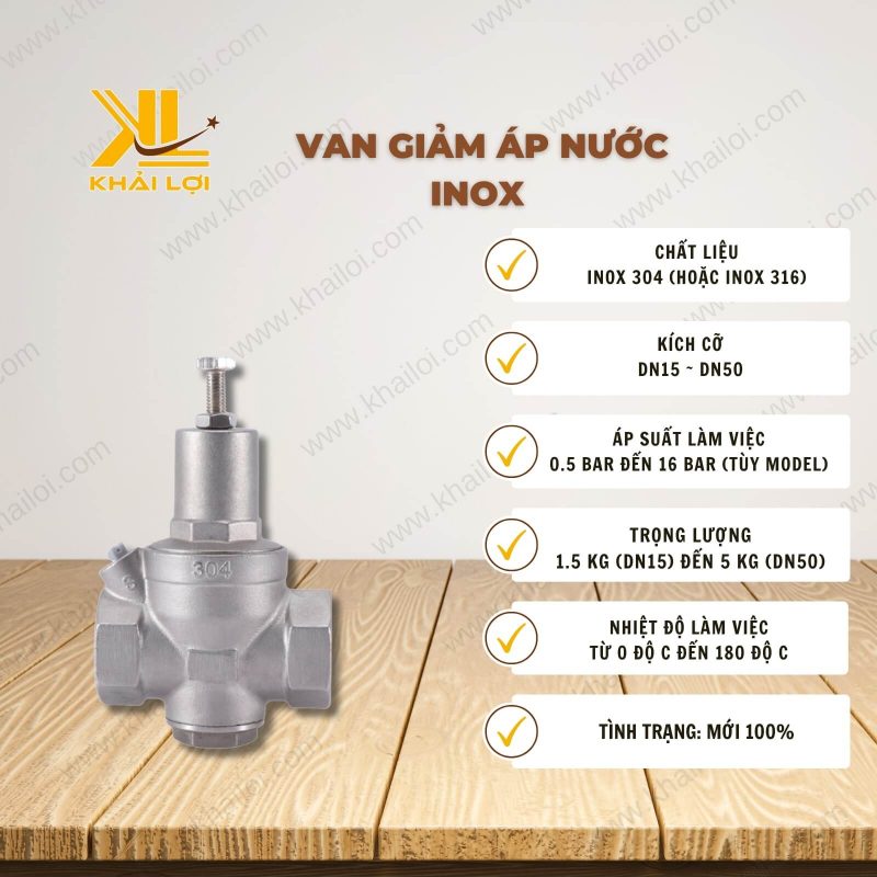 Thông số kỹ thuật van giảm áp nước inox từ inox 304.