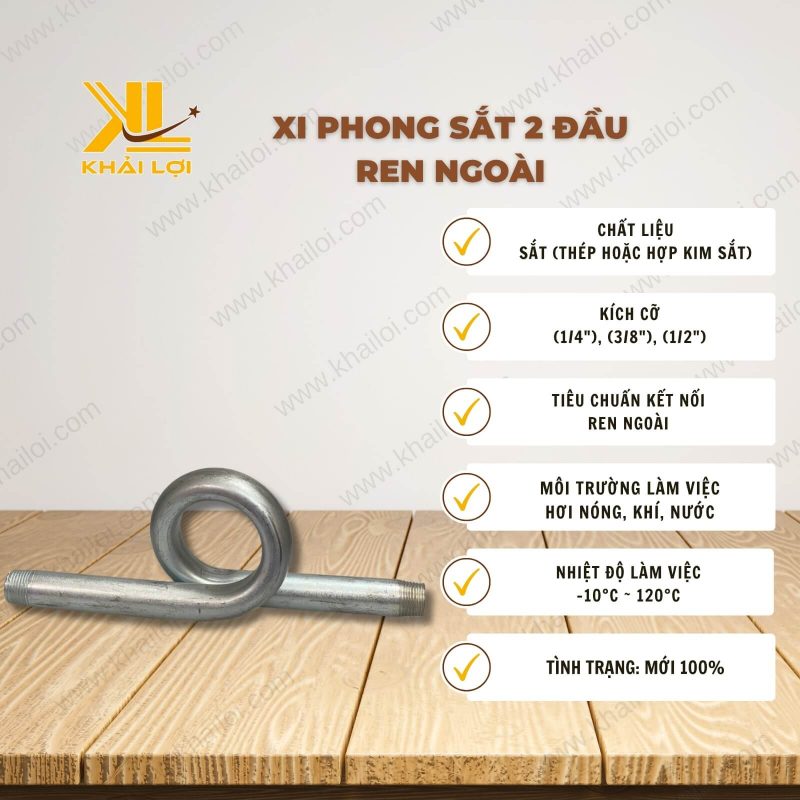 Thông số kỹ thuật Xi Phong Sắt 2 Đầu Ren Ngoài của Vật Tư Công Nghiệp Khải Lợi.