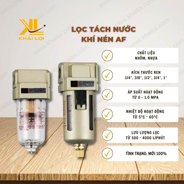 Thông số kỹ thuật: Lọc Tách Nước Khí Nén AF của Vật Tư Công Nghiệp Khải Lợi.