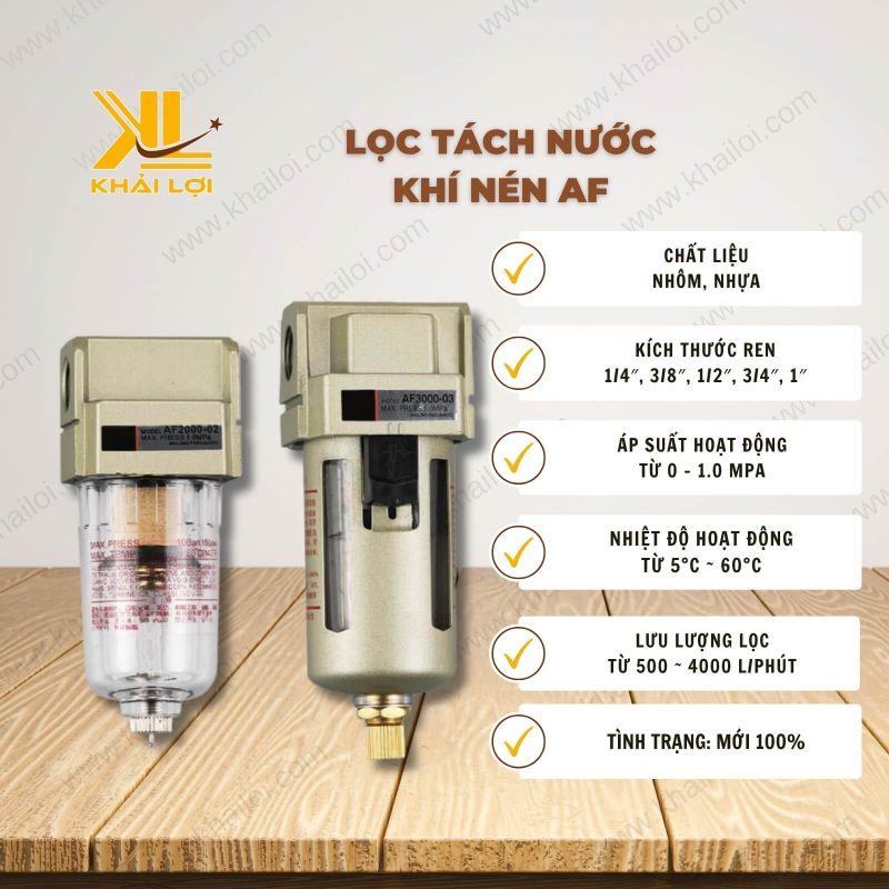 Thông số kỹ thuật: Lọc Tách Nước Khí Nén AF của Vật Tư Công Nghiệp Khải Lợi.
