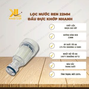 Thông số kỹ thuật: Lọc nước ren 22mm - Đầu đực khớp nhanh của Vật Tư Công Nghiệp Khải Lợi.