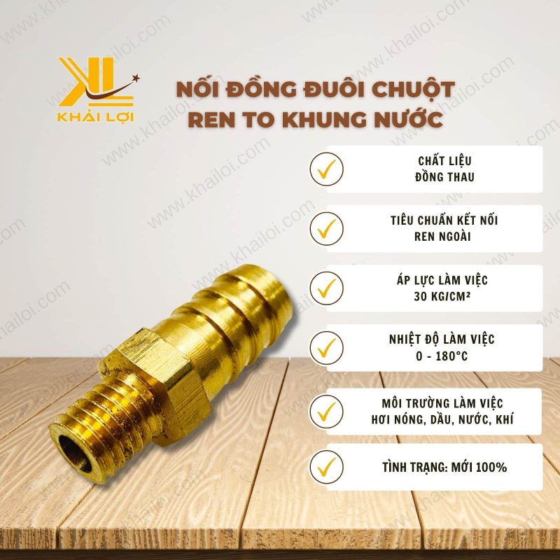Thông số kỹ thuật: Nối Đồng Đuôi Chuột Ren TO Khung Nước của Vật Tư Công Nghiệp Khải Lợi.