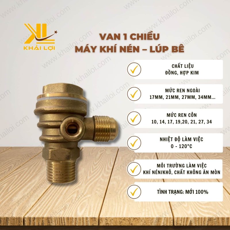 Thông số kỹ thuật: Van 1 Chiều Máy Khí Nén – Lúp Bê của Vật Tư Công Nghiệp Khải Lợi.