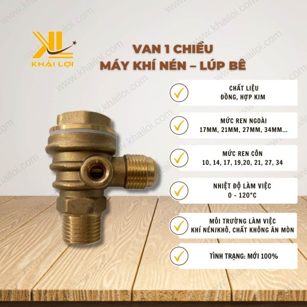 Thông số kỹ thuật: Van 1 Chiều Máy Khí Nén – Lúp Bê của Vật Tư Công Nghiệp Khải Lợi.