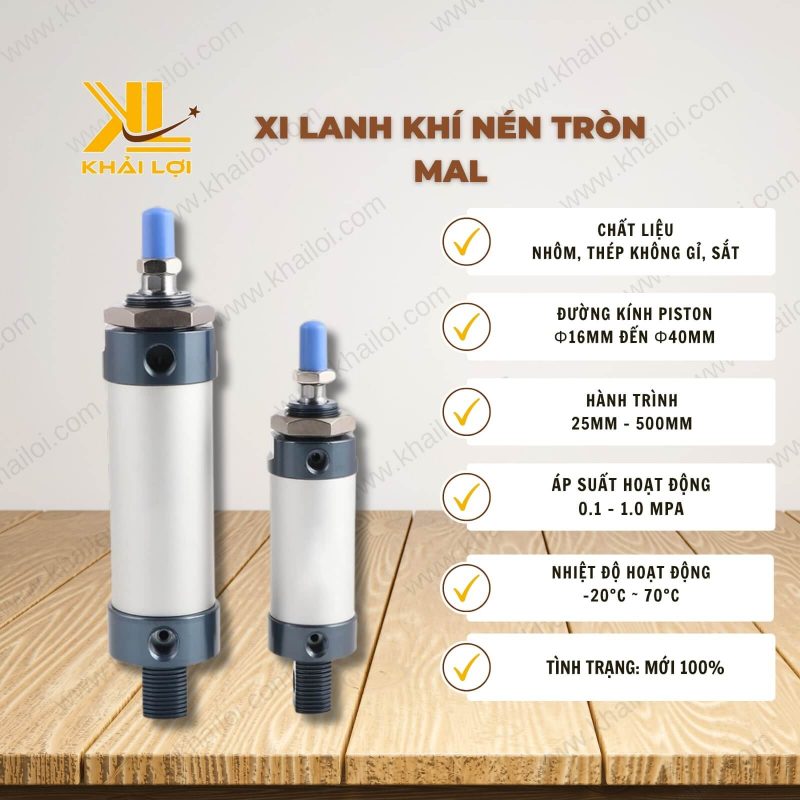 Thông số kỹ thuật: Xi Lanh Khí Nén Tròn MAL của Vật Tư Công Nghiệp Khải Lợi.